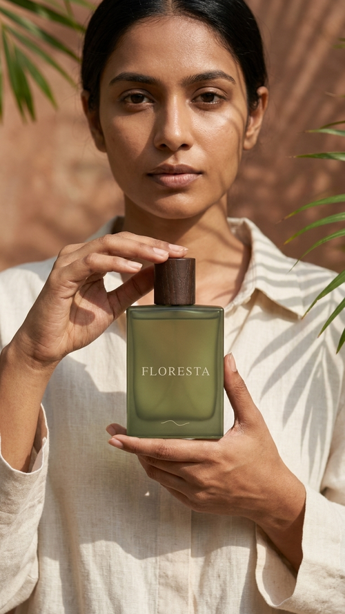 Woman holding a green bottle labeled 'Floresta' against a natural background