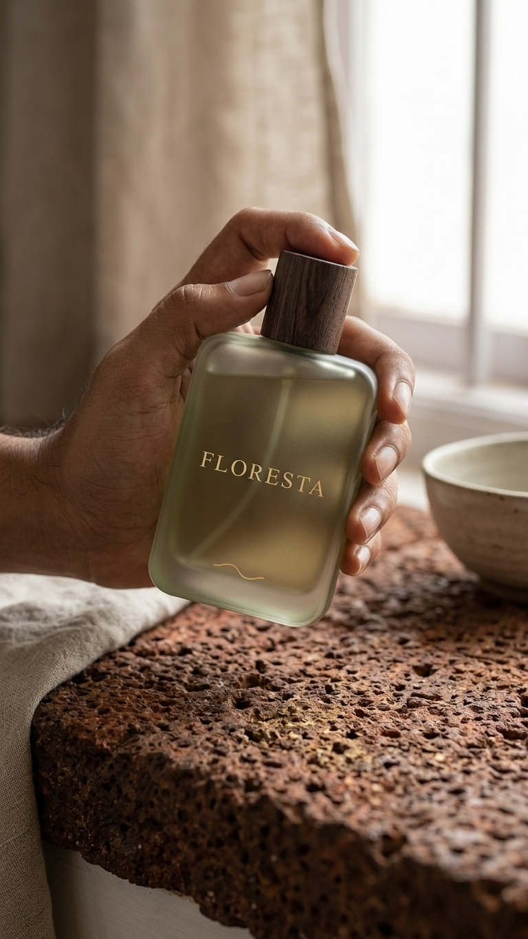 Hand holding a bottle of Floresta perfume on a textured surface with a soft background