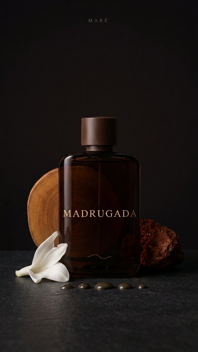 Dark brown perfume bottle labeled 'Madrugada' on a black background with flowers and a wooden disc.