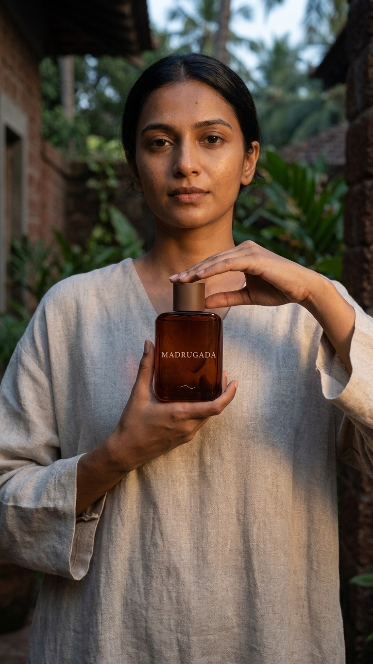 Woman holding a Madrugada perfume bottle outdoors