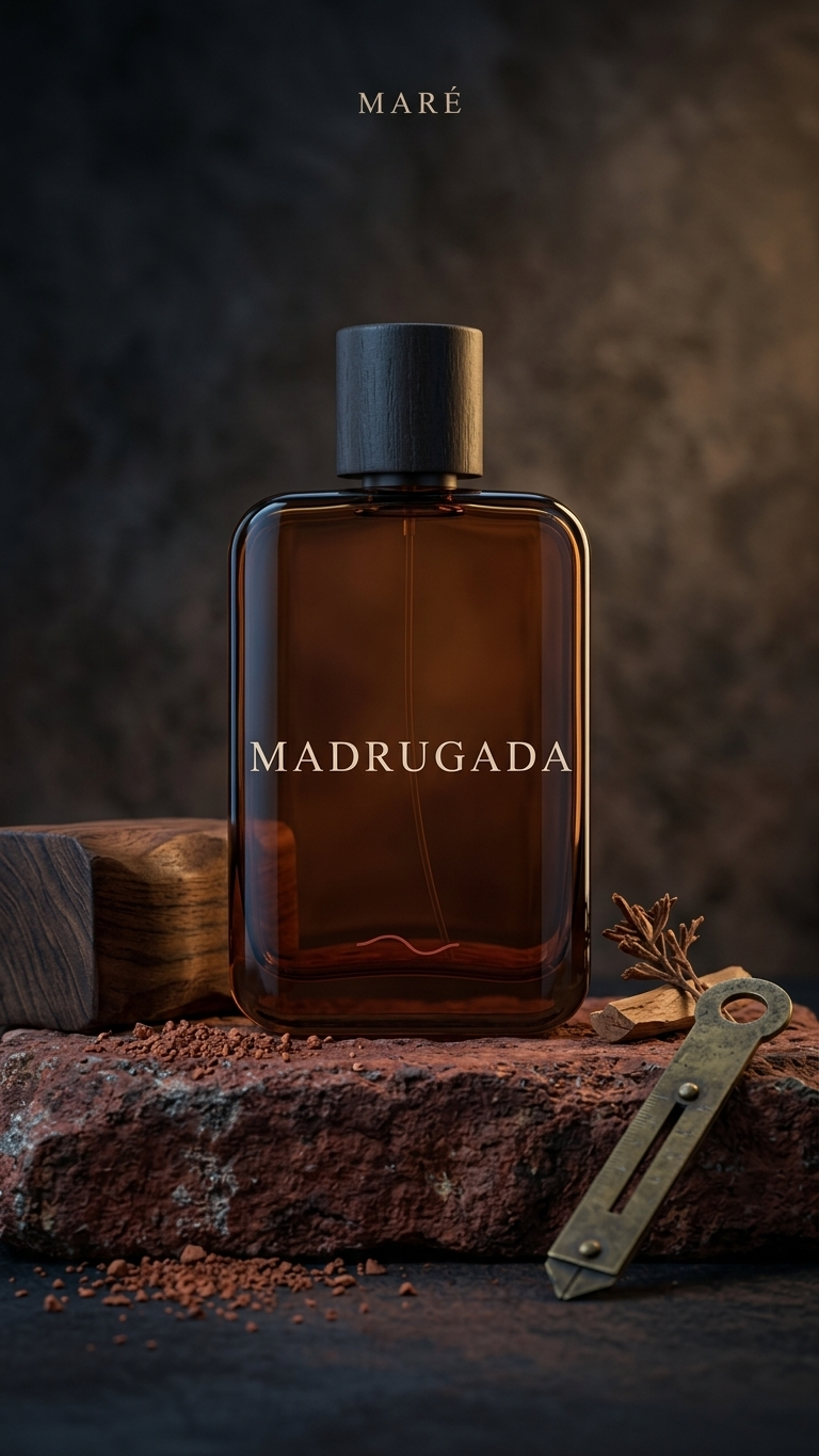 Brown perfume bottle labeled 'Madrugada' on a dark background