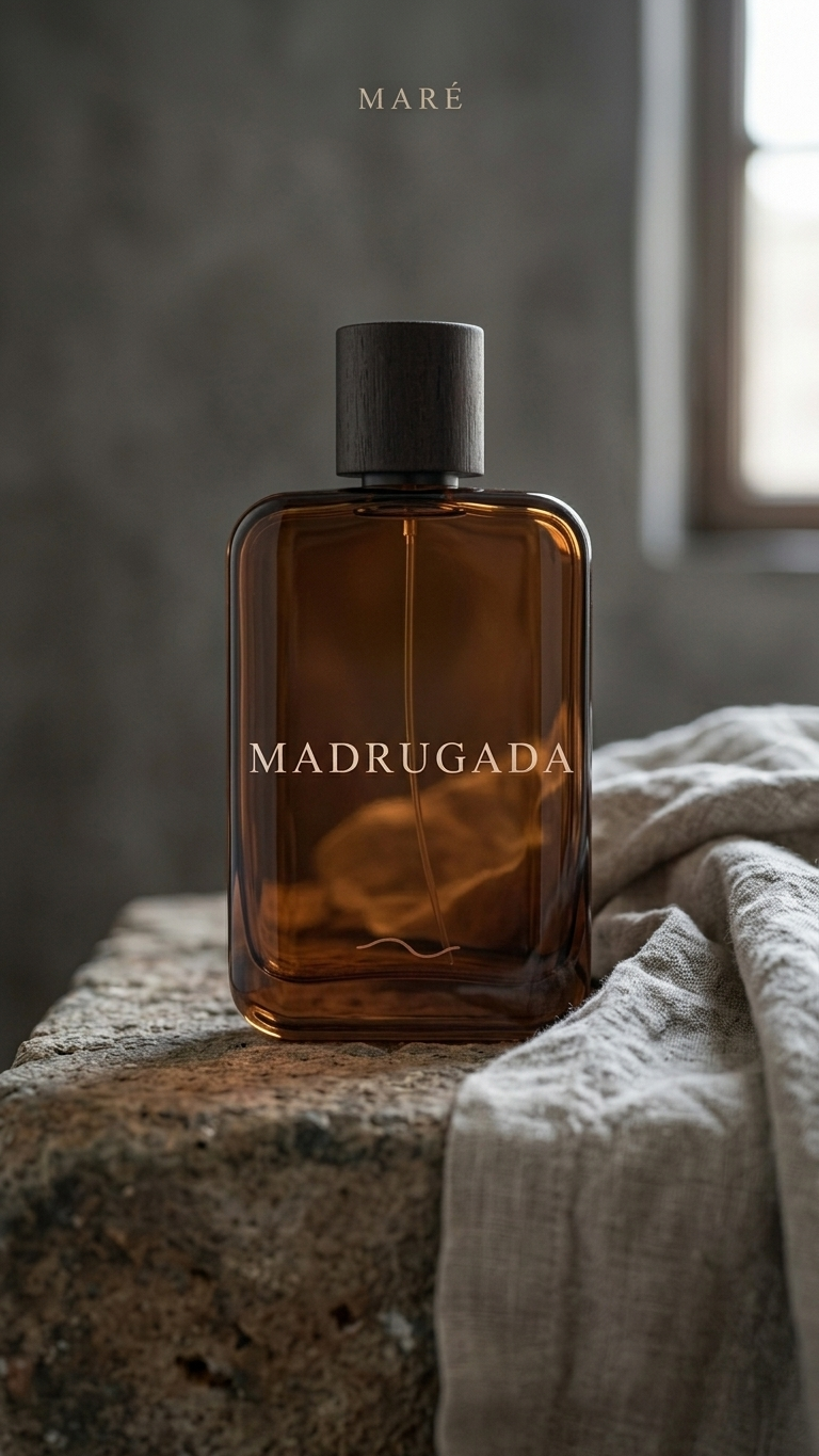 Brown bottle labeled 'Madrugada' on a stone surface with a soft background