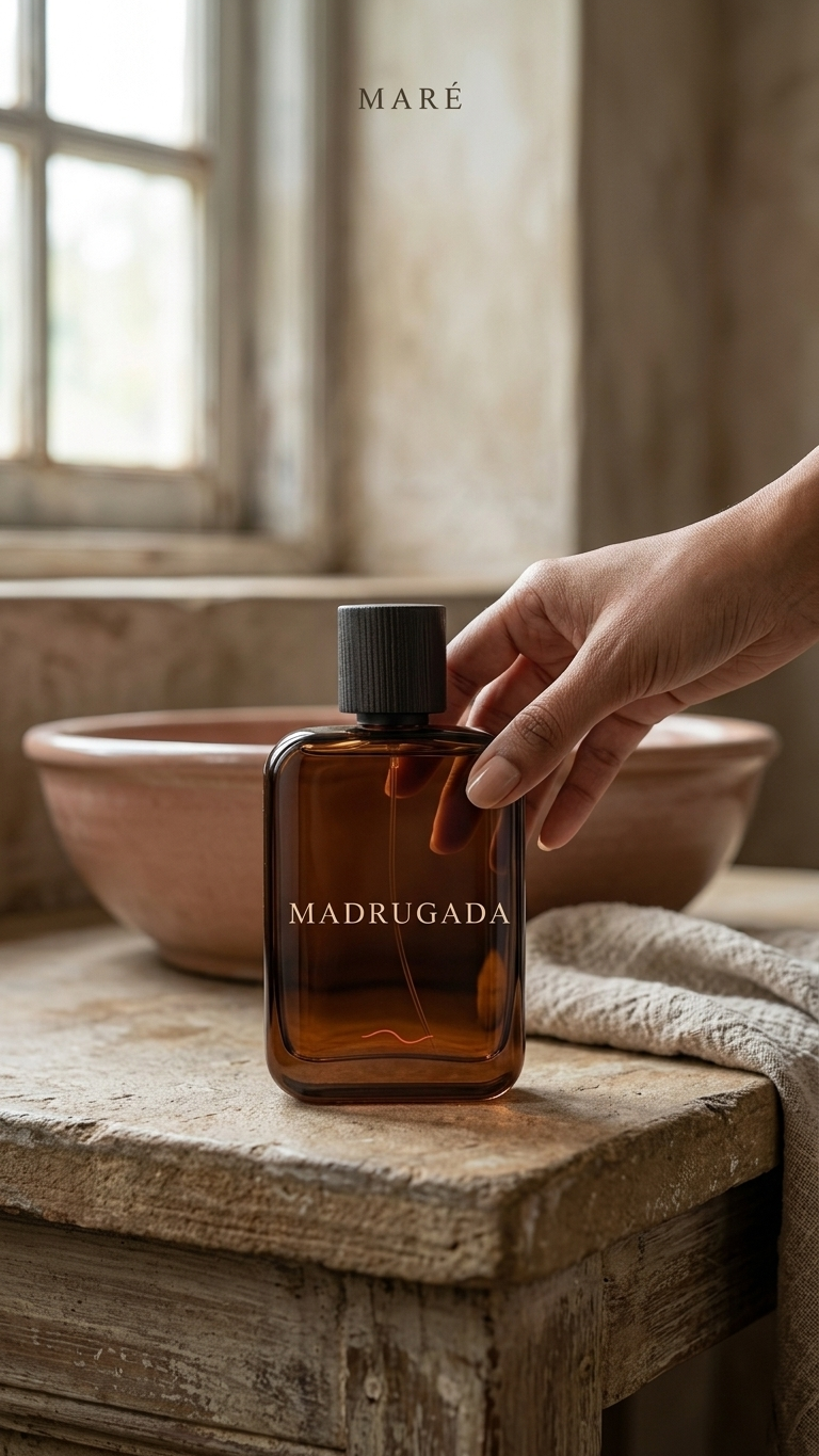 Hand holding a bottle of 'Madrugada' perfume on a wooden surface with a blurred background.