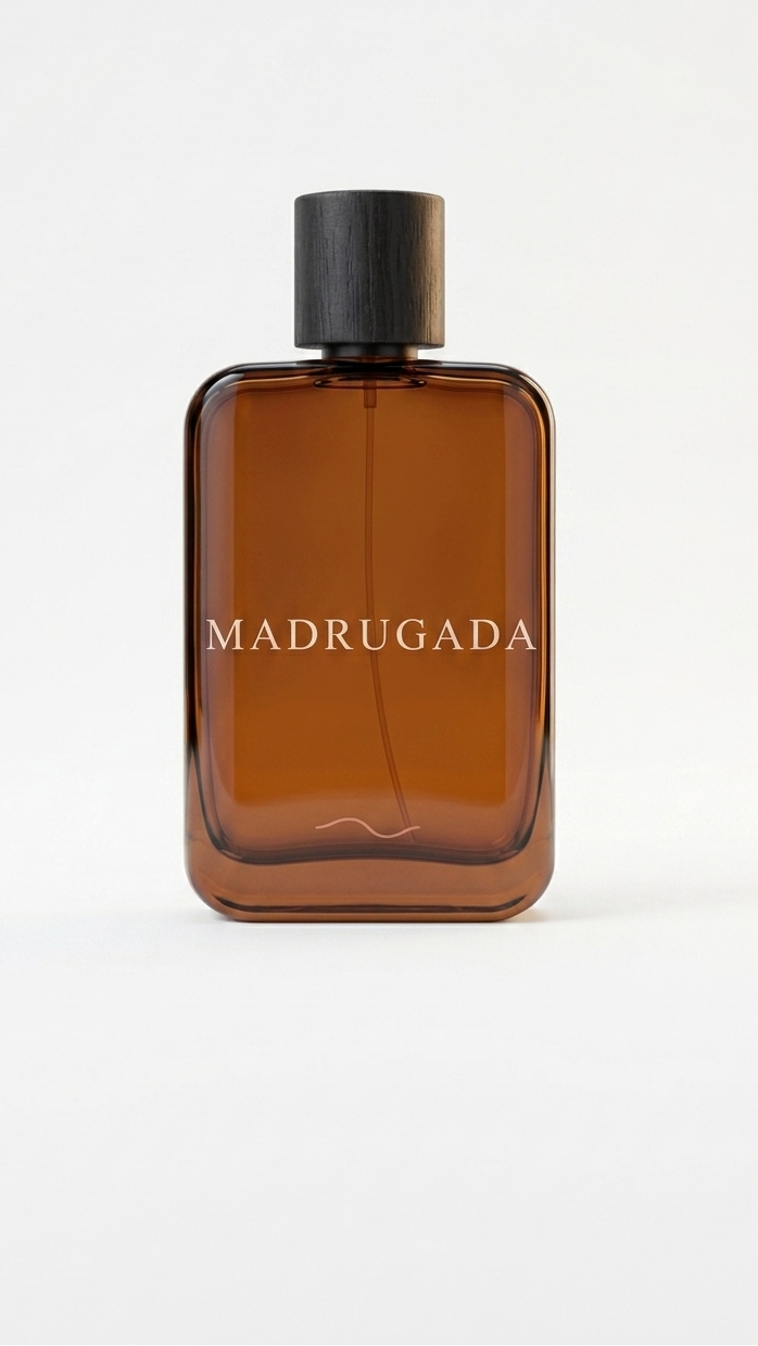 Brown perfume bottle labeled 'Madrugada' on a white background