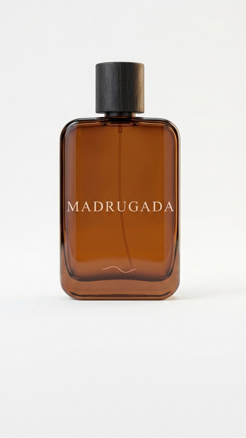Brown perfume bottle labeled 'Madrugada' on a white background